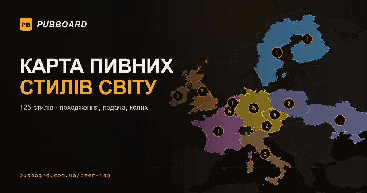 Карта пивних стилів: Британія, Бельгія, Німеччина, Чехія з кількістю стилів на кожній країні